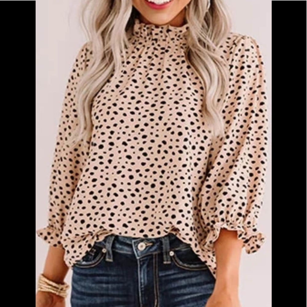 Wine Red With Black Spotted Quarter Sleeves Ruffle Cuff’s Loose Fit Blouse